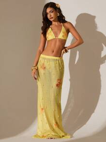 Glamine 夏季性感透视超长拖地3D花裙，海岛沙滩派对花卉印花裙，透视拖地长裙 - 黃色 - 查看 3