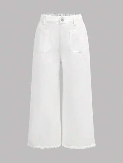 SHEIN Tween 女童白色阔腿七分裤，正面有扁平口袋，舒适松紧腰带，纽扣开合，正面无拉链，毛边下摆。适合女孩全年穿着的休闲、校园、街头风格必备时尚单品