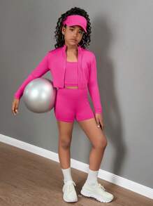 SHEIN Girlism Tween Girl 3pcs Set: Long Sleeve Mock Neck Zip-Up Top, Tank Top, And Sports Leggings