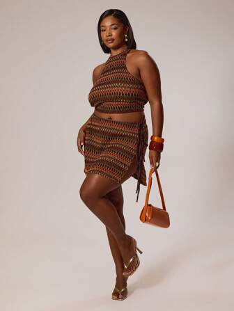 SHEIN X Phaith Montoya MUSERA Costume da bagno a minigonna taglie forti con laccetti laterali, a righe, texture, adatto per vacanze, estate, spiaggia, sexy, carino