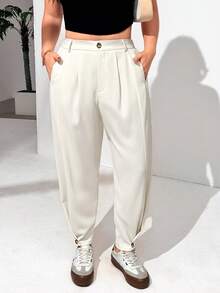 SHEIN EZwear Pantalones de vestir informales de cintura alta con botones y forma cónica para tallas grandes, para el verano