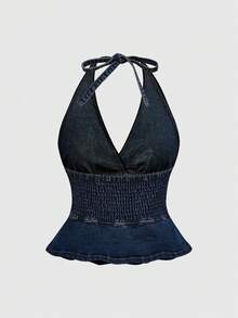 ROMWE Vintage Streetwear Y2k Sexy Heart Vine Crown Wing Rose Print Rhinestone Distressed Washed Denim Spaghetti Strap Cami Top For Women Dark Blue - Blue - View 3