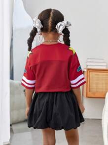 SHEIN 年轻女孩时尚针织宽松V领数字印花T恤 - 紅色 - 查看 2