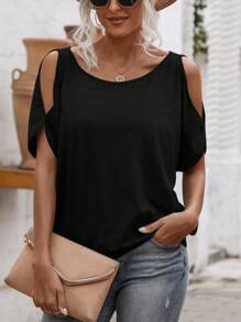 SHEIN PETITE 时尚镂空肩部圆领休闲女士夏季T恤