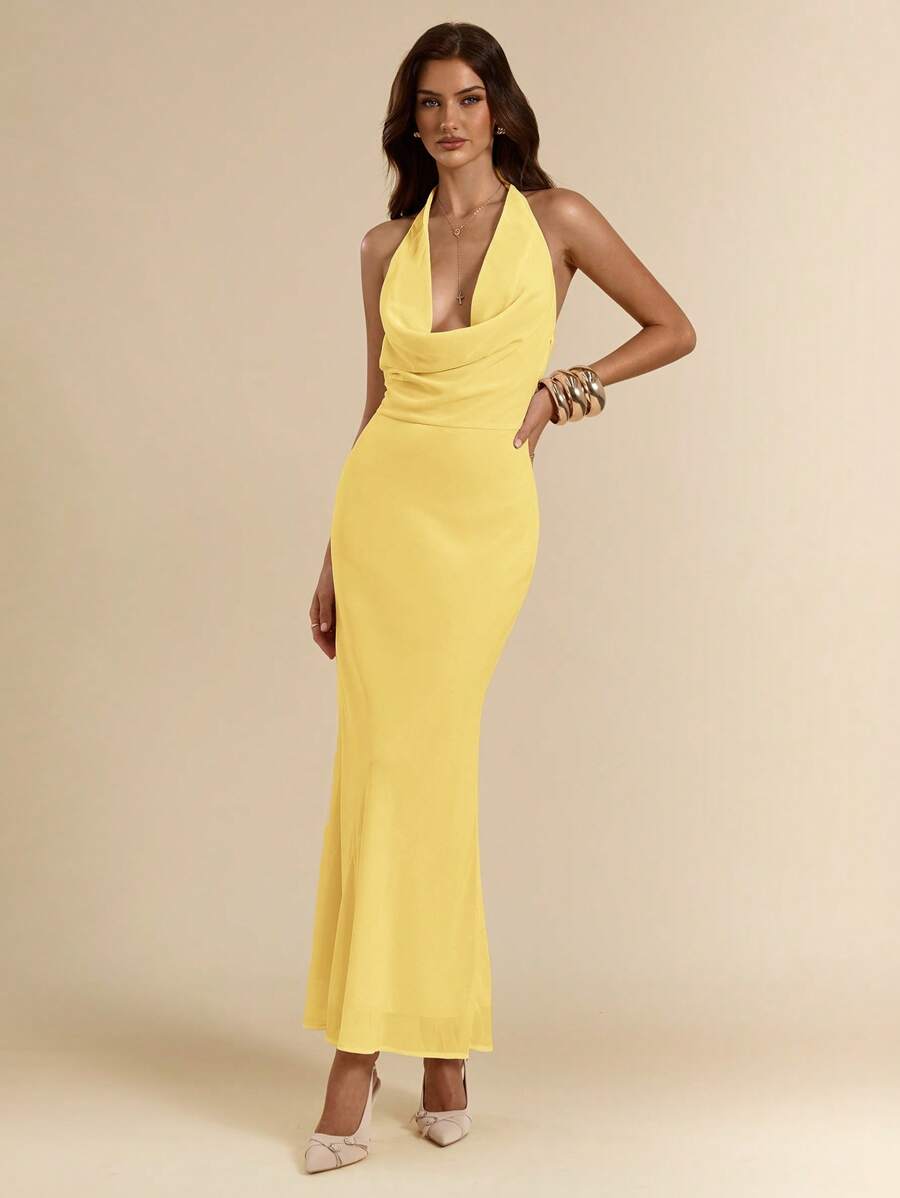 SHEIN BAE Women's Deep Draped Neck Backless Mermaid Maxi Chiffon Dress, Form-Fitting, Summer,Bodycon Dress - Yellow - View 1