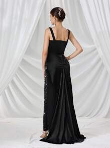 Coutiva Women's Crystal Embellished Ruffle Open Slit Maxi Formal Evening Dress Luxurious Women's Evening Dresses Black Dress Soft Dress Summer Dress Sequin Dress, Party Dress, Gown, For Wedding Guest - Black - View 2