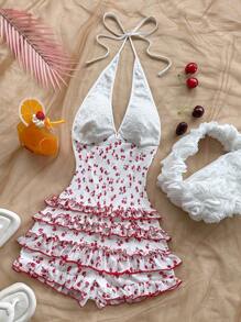 Soleia Tuta da donna vintage con stampa a ciliegie, scollo a V, collo alto, volant sulla gonna, stile casual da vacanza, adatto per il ritorno a scuola, matrimoni, tè pomeridiani, festival musicali - Rosso e Bianco - Visualizzare 7