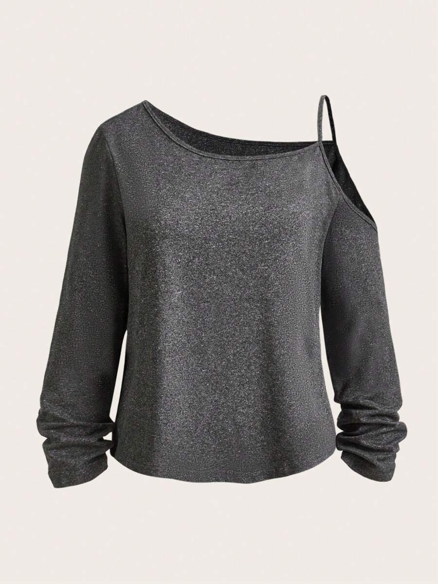 SHEIN Essnce Casual Solid Color Versatile Spaghetti Strap Long Sleeve T-Shirt For Women, Spring Autumn - Dark Grey - View 1