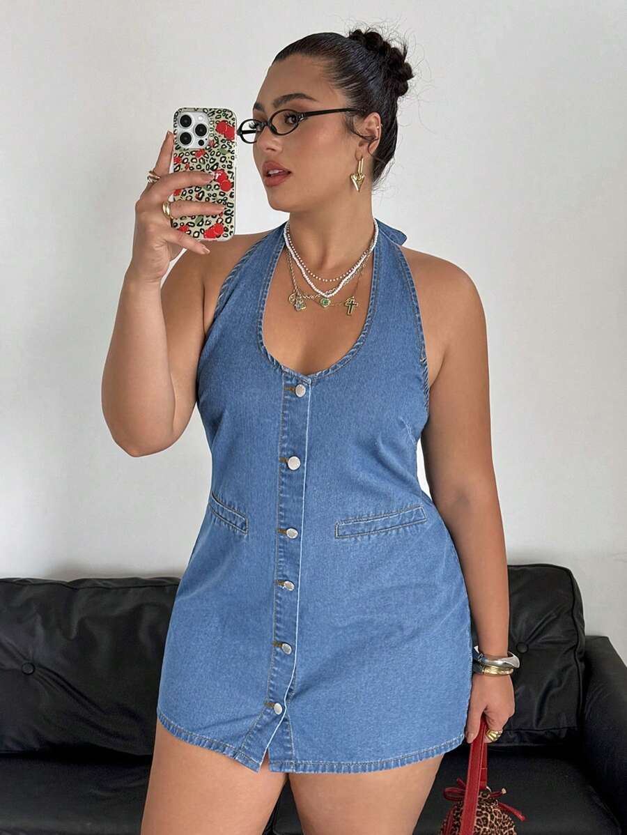 SHEIN EZwear Plus Size Solid Color Front Button Halter Backless Sleeveless Denim Dress - Light Wash - View 1