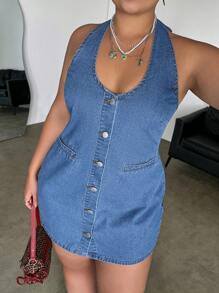 SHEIN EZwear Plus Size Solid Color Front Button Halter Backless Sleeveless Denim Dress - Light Wash - View 6