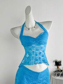 Zolique Letni styl wakacyjny Niebieski koronkowy marszczony biust otwarty tył wiązanie na szyi koszulka - Miętowy niebieski - Zobacz 1