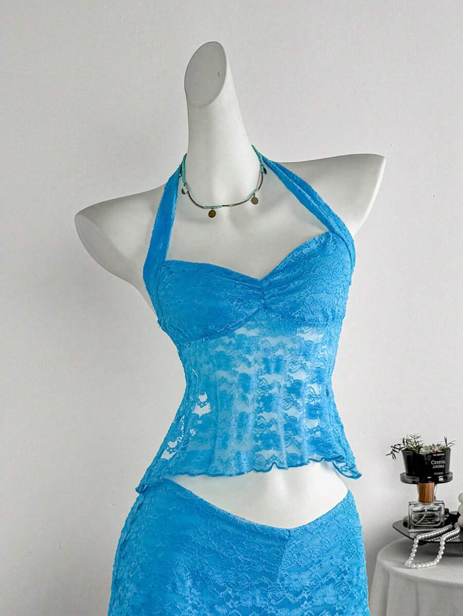 Zolique Letni styl wakacyjny Niebieski koronkowy marszczony biust otwarty tył wiązanie na szyi koszulka - Miętowy niebieski - Zobacz 1