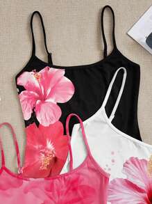 SHEIN EZwear 3 件套女士休闲简约花卉印花细肩带背心，适合夏季、度假、音乐节 - 彩色 - 查看 5