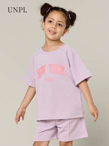 SHEIN Explorewe 2件套女童字母印花圆领T恤和短裤套装 - 紫色 - 查看 5
