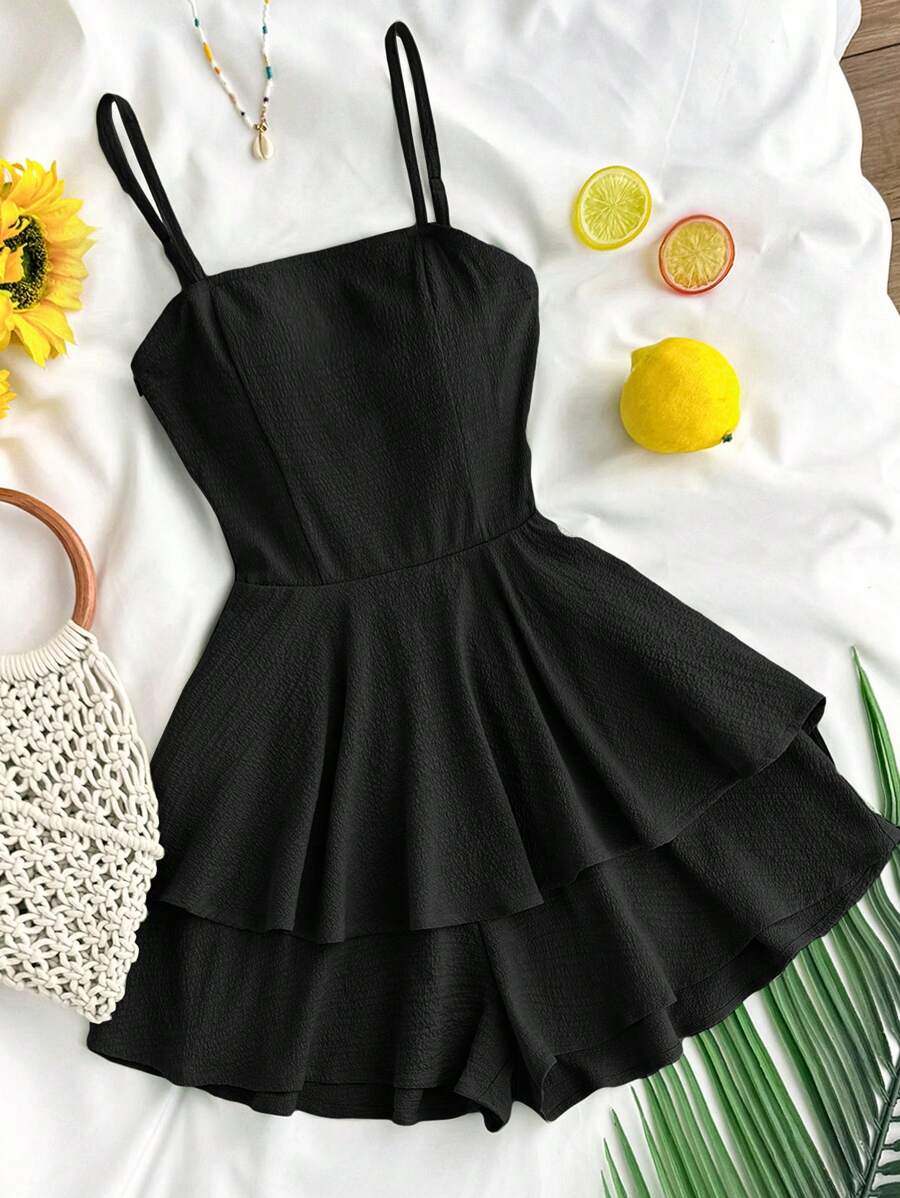 SHEIN Teen Girls' Textured Chiffon Layered Ruffled Waist Tie Cami Overall Jumpsuit Romper, Black, Casual, Holiday, Spring/Summer - Black - View 1