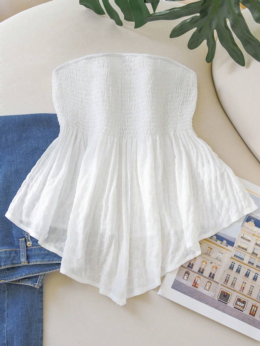 SHEIN Frenchy 大码女式休闲度假不对称抹胸白色衬衫，适合浪漫度假和海滩度假 - 白色 - 查看 1