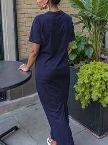 INAWLY Solva 女士休闲纯色圆领短袖长裙，夏季 - 藏蓝色 - 查看 3