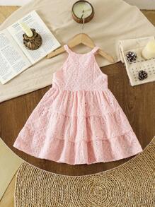 SHEIN Baby Girl Infant Toddler Casual Waffle Knit Dress, Suitable For Travel In Spring/Summer - Pink - View 2