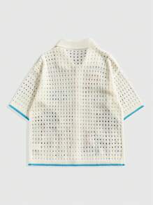 ROMWE MEN Casual Men's Vacation Palm Tree Print Hollow-Out Single-Breasted Knit Shirt - White - View 2
