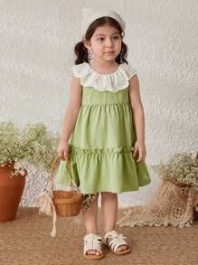 Blossori Baby Girls Countryside Vacation Ruffle Collar Sleeveless Dress - Green - View 3