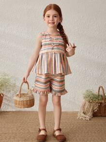 Blossori Young Girls' Countryside Holiday Colorful Stripe Sleeveless Top And Shorts Set - Multicolor - View 5