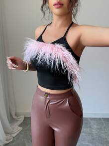 Breezaya Women's Neck Tie Fuzzy Fur Strip Fitted Camisole - Multicolor - View 3