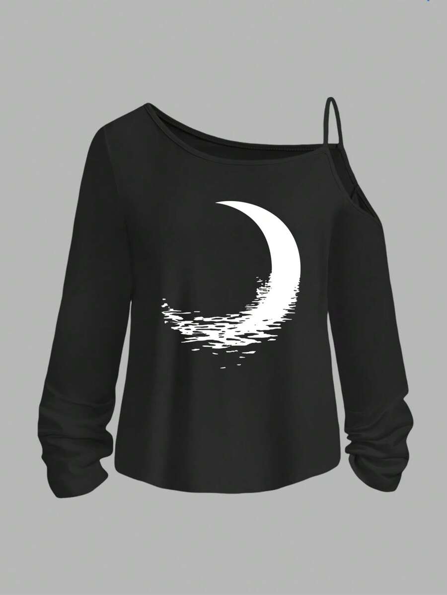 SHEIN Essnce Casual Simple Moon Pattern Drop Shoulder Long Sleeve Women T-Shirt - Black - View 1