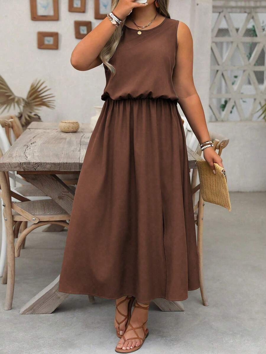 SHEIN LUNE Plus Size Sleeveless Round Neck Solid Color Casual Commuter Dress, Waist Cinched, Slit Hem, Suitable For Women - Brown - View 1