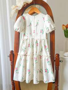 Vestido elegante con mangas abullonadas y estampado floral menudo, con decoración de lazo, para niñas preadolescentes - Multicolor - Ver 2