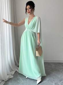 Elenzga Váy suông voan mỏng cổ chữ V màu xanh bạc hà có lót và khóa kéo, váy dài thanh lịch dành cho nữ - Màu xanh Bạc hà - Xem 5