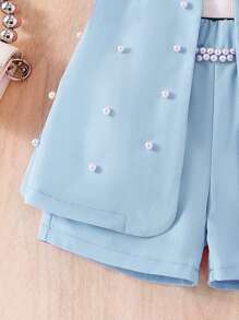 SHEIN 3pcs/Set Young Girl Girls Pink Blazer, Pearl Embellished Knit Camisole And Shorts, Casual Elegant Summer Vacation Set