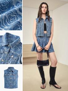 MOTF STUDIO FLORAL PATTERN RAW HEM DENIM VEST
