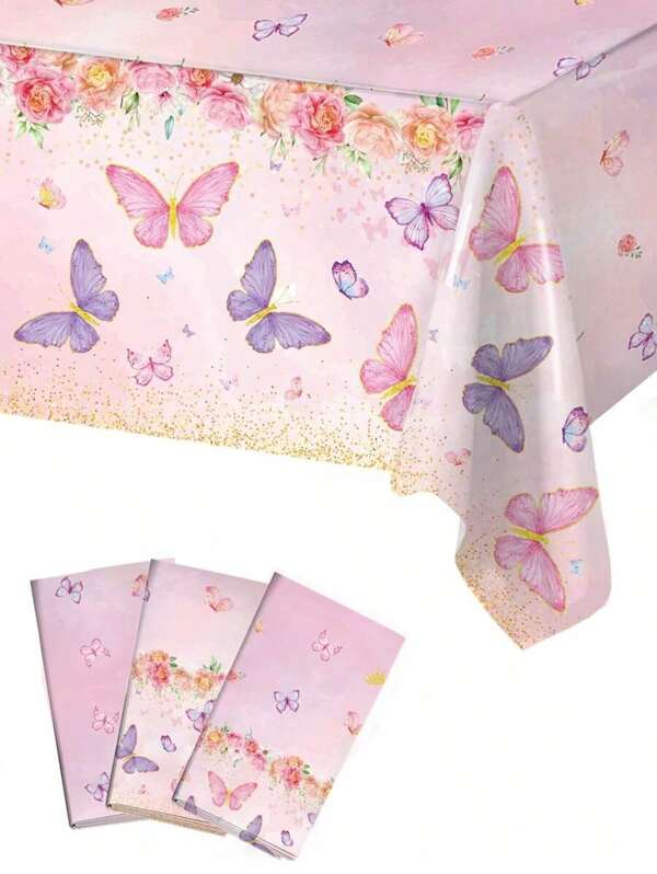 1 Stück/3 Stück/5 Stück 220*130cm pink Schmetterling Blumen Einweg Plastik Tischdecke, Themenparty, Geburtstags-Party Tischdecke, wasserdicht und leicht zu reinigen Schulanfang Valentinstag