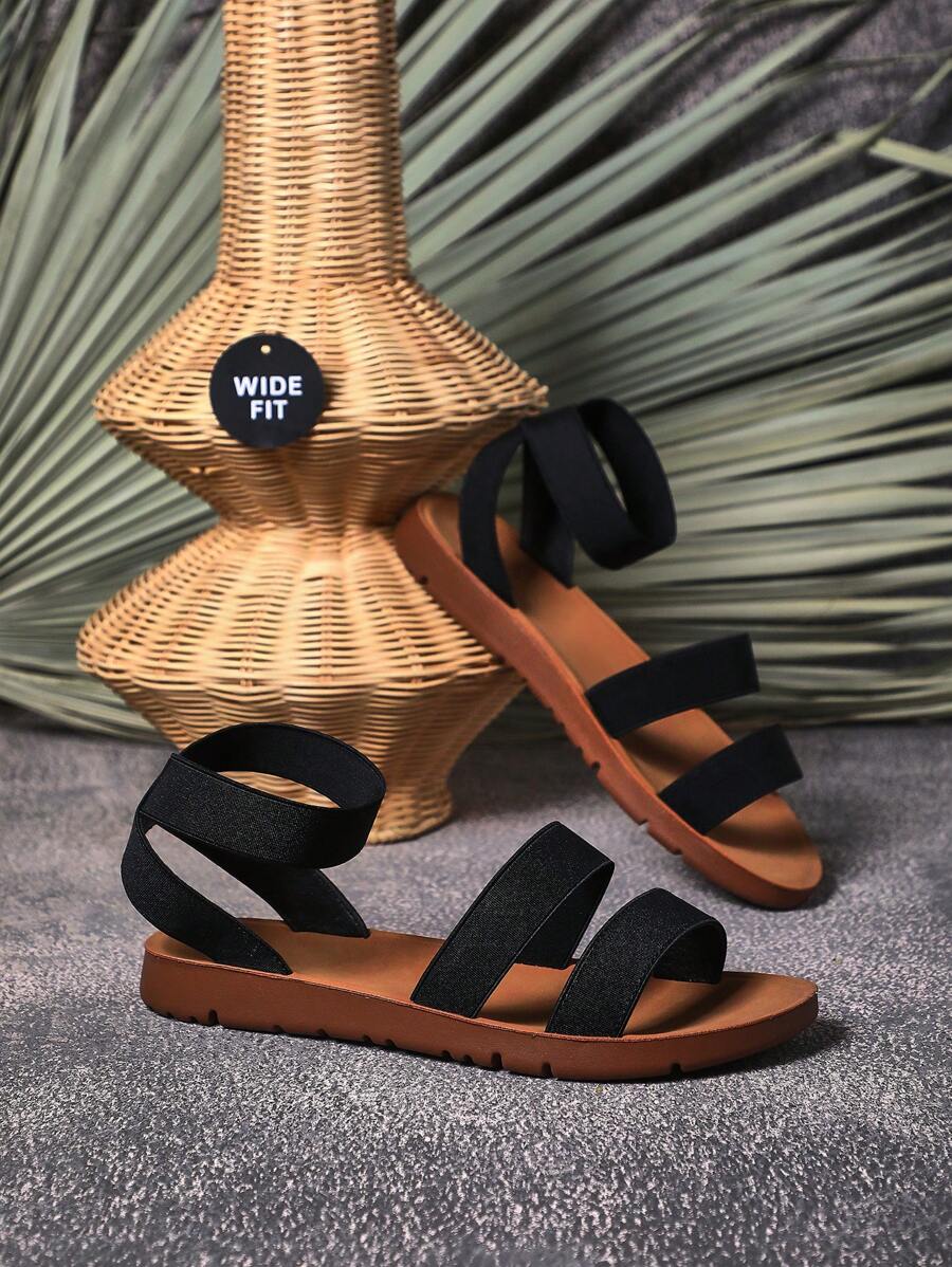 SHUZIA Wide Fit Elastic Double Strap Flat Sandals Mother's Day Present - Black - View 1