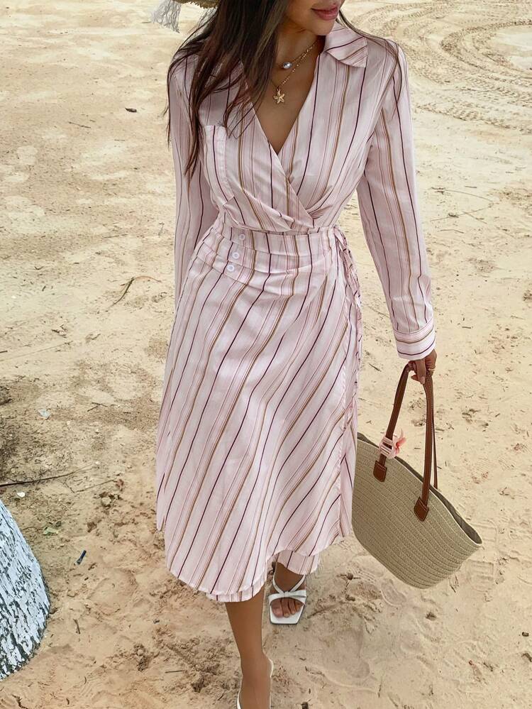 Striped Lace-Up Midi Dress For Women Shirt Dress,Casual Women Dresses,Fall Dress,Teacher Outfits Long Sleeve Dress