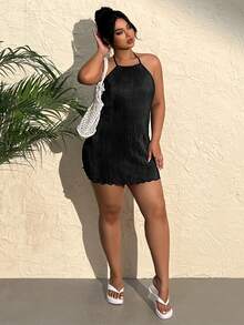 Comfortcana Plus Solid Halter Neck Backless Dress - Black - View 10