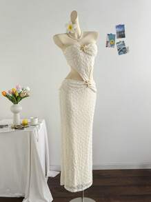 Soleia Váy đi biển cho nữ có họa tiết vỏ kim loại, váy đuôi cá bằng vải dệt kim khoét eo cao màu trắng, thích hợp cho tiệc tùng, hẹn hò, trà chiều, đi biển - Màu be - Xem 5