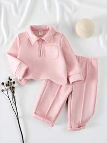 SHEIN Vintaside Kids 2pcs Baby Girls Casual Long Sleeve Top + Khaki Pants Set, Suitable For Outings Or Lounging - Pink - View 1