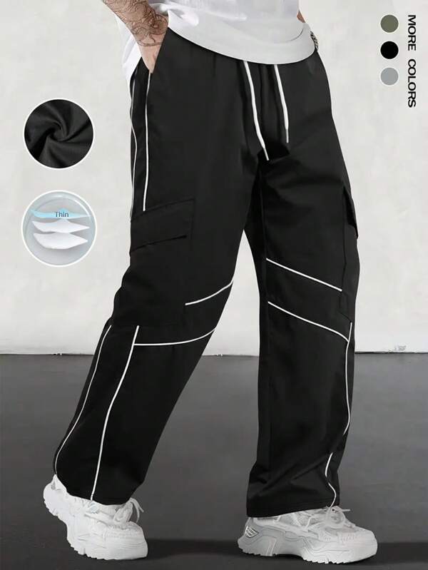 Sport MetroGents Pantaloni sport casual pentru bărbați, cu talie elastică și dungi contrastante, cu șnur, pentru antrenament, pantaloni de alergare