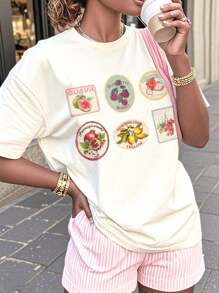 Slaydiva 2025 Spring/Summer Casual Minimalist Vacation Themed Oversize T-Shirt, Fruit Print Round Neck Loose Tee For Women, Suitable For Summer