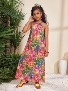 SHEIN 青少年女孩休闲花卉印花挂脖中长连衣裙，简约风格 - 彩色 - 查看 3