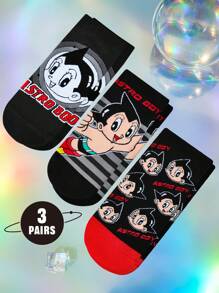 Astro Boy X SHEIN 3 双柔软透气吸湿排汗男士短袜，加固脚趾和脚跟，适合所有季节，黑灰条纹