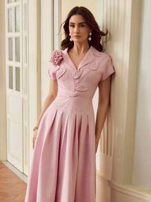 MOTF PREMIUM Women's Solid Color Short Sleeve 3D Floral Ruched Waist A-Line Dress - Pink - View 7