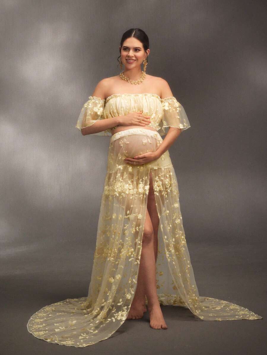 SHEIN Set de 2 piezas con top halter de gasa de volantes y falda con abertura, adecuado para sesión de fotos de bautizo de bebé, sesión de fotos de maternidad - Dorado - Ver 1