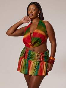 MUSERA Plus Size Ruched Printed Fitted Frill Hem Bead Detail Mini Skirt Cover Up Swim, Holiday, Sexy, Cute Autumn Winter Fall