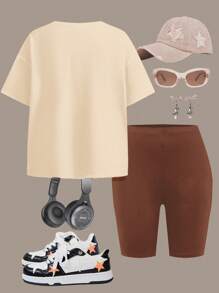 SHEIN 2 Stücke Set für Tween Mädchen mit süßem Capybara Muster, lockeres Kurzarm-T-Shirt und Shorts, Pastellfarbe, lässig und schlicht, geeignet für den Sommer