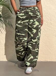 SHEIN EZwear Quần Jeans Cargo In Họa Tiết Rằn Ri Có Dây Rút Cạp Cỡ Lớn Cho Nữ - Màu xanh lam - Xem 6