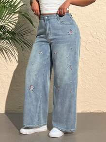 SHEIN EZwear سراويل جينز فضفاضة كاجوال متعددة الاستخدامات مطرزة بالزهور، مقاس كبير للنساء