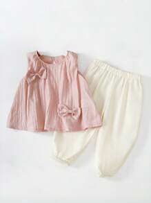 SHEIN Girls Summer Outfit New Fashion Style Baby Sleeveless Top + Thin Shorts 2pcs Sets - Pink - View 1