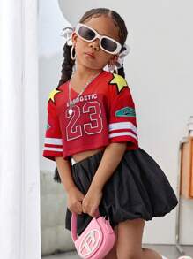 SHEIN 年轻女孩时尚针织宽松V领数字印花T恤 - 紅色 - 查看 4